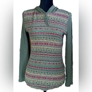 Chaps Olive Green Tan Red Pullover Hooded Longsleeve Shirt Size Small